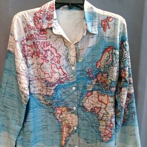 World Map Button Up Blouse